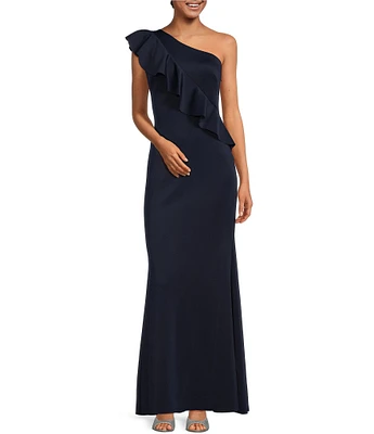 Jessica Howard Sleeveless One Shoulder Ruffle Scuba Sheath Gown