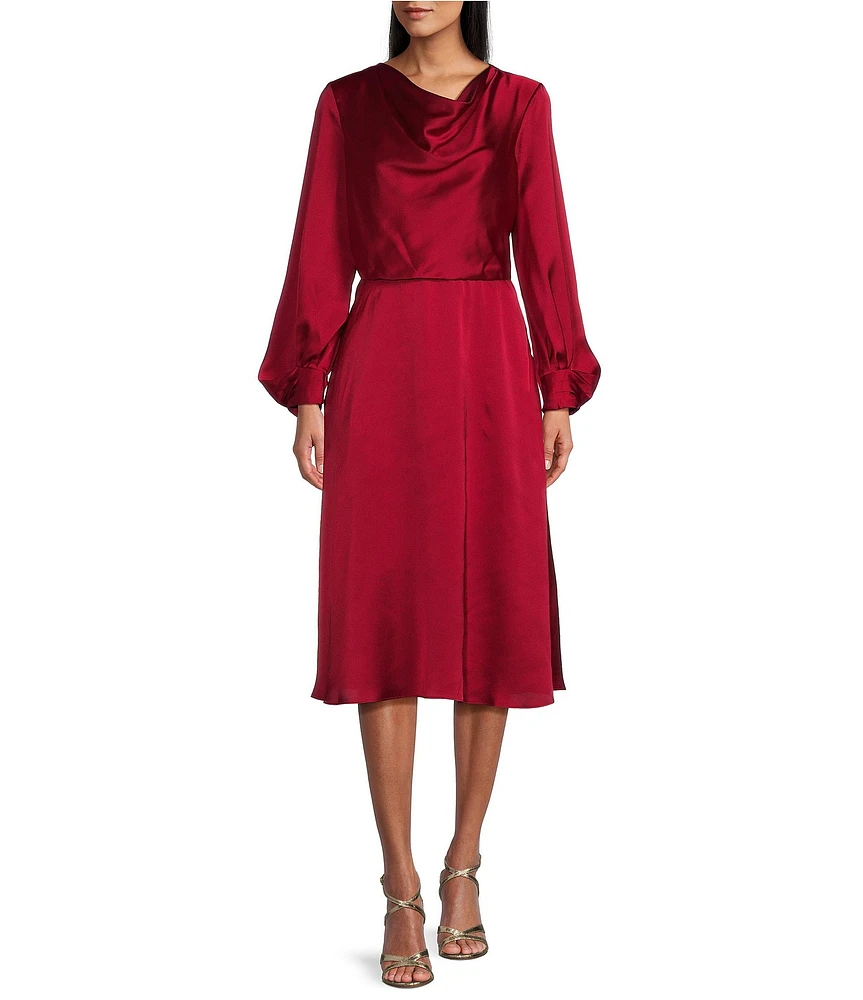 Jessica Howard Satin Drape Front Cowl Neck Long Sleeve Fit & Flare Dress