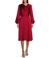 Jessica Howard Satin Drape Front Cowl Neck Long Sleeve Fit & Flare Dress