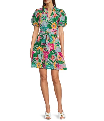 Jessica Howard Tropical Floral Short Balloon Sleeve V-Neck Collar Shirt Dress