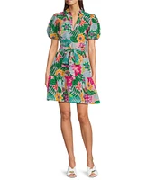Jessica Howard Tropical Floral Short Balloon Sleeve V-Neck Collar Shirt Dress