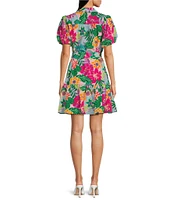 Jessica Howard Tropical Floral Short Balloon Sleeve V-Neck Collar Shirt Dress