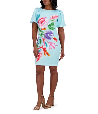 Jessica Howard Short Puffed Sleeve Floral Scuba Sheath Dress