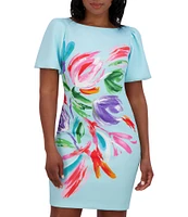 Jessica Howard Short Puffed Sleeve Floral Scuba Sheath Dress