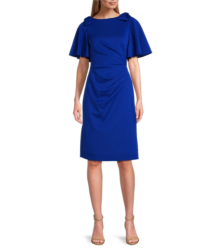 Jessica Howard Short Sleeve Boat Neck Bow Detail Ruched Sheath Dress