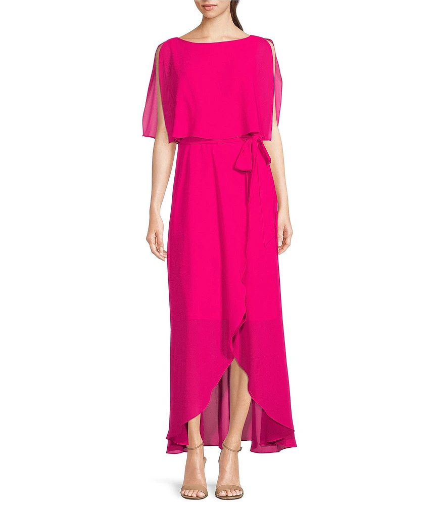 Jessica Howard Split Sleeve Tie Waist Round Neck High-Low Popover Dress