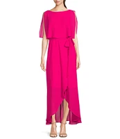 Jessica Howard Split Sleeve Tie Waist Round Neck High-Low Popover Dress