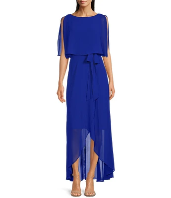 Jessica Howard Split Sleeve Tie Waist Round Neck High-Low Popover Dress