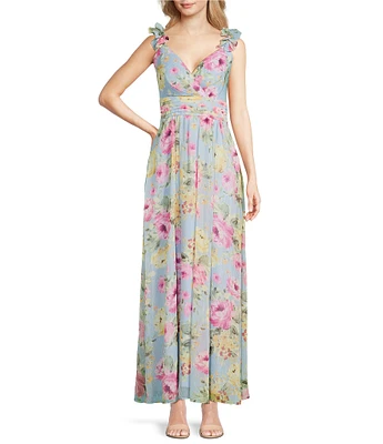 Jessica Howard Sleeveless V-Neck Ruffle Floral Chiffon Maxi Dress