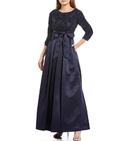 Jessica Howard Soutache Floral Lace Round Neck Sequin Bodice Satin 3/4 Sleeve Tie Belt Ball Gown