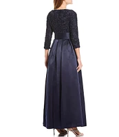 Jessica Howard Soutache Floral Lace Round Neck Sequin Bodice Satin 3/4 Sleeve Tie Belt Ball Gown