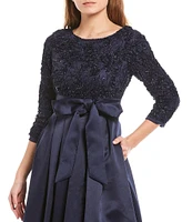 Jessica Howard Soutache Floral Lace Round Neck Sequin Bodice Satin 3/4 Sleeve Tie Belt Ball Gown