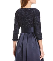 Jessica Howard Soutache Floral Lace Round Neck Sequin Bodice Satin 3/4 Sleeve Tie Belt Ball Gown