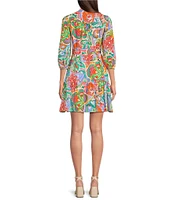 Jessica Howard Split V-Neck Floral Print 3/4 Sleeve A-Line Dress