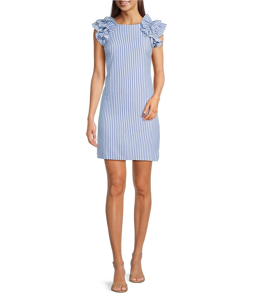Jessica Howard Stripe Seersucker Crew Neck Ruffle Sleeveless Shift Dress