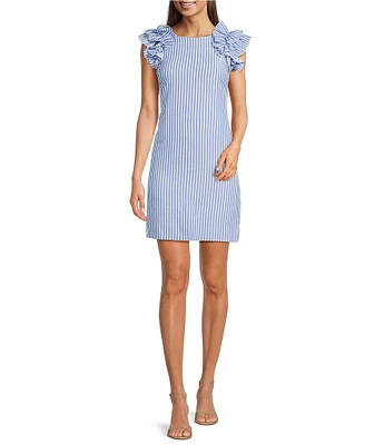 Jessica Howard Stripe Seersucker Crew Neck Ruffle Sleeveless Shift Dress