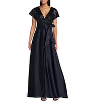 Jessica Howard V-Neck Sequin Bodice Satin Cap Sleeve Tie Belt Ball Gown