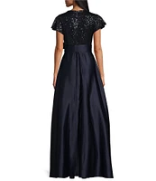 Jessica Howard V-Neck Sequin Bodice Satin Cap Sleeve Tie Belt Ball Gown