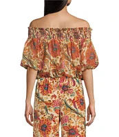 Jessica Simpson Alma Paisley Printed Off-The-Shoulder Puffed Sleeve Coordinating Blouse