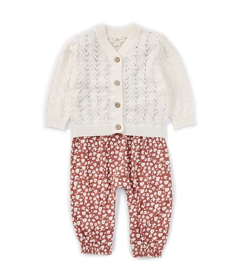 Jessica Simpson Baby Girls 12-24 Months Long-Sleeve Pointelle Cardigan & Flutter-Sleeve Floral Printed Knit Coverall Set