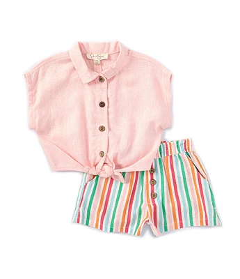 Jessica Simpson Baby Girls 12-24 Months Short Sleeve Button Down Linen Blend Top & Stripe Short Set