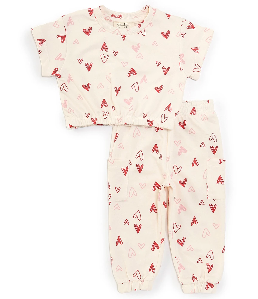 Jessica Simpson Baby Girls 12-24 Months Short Sleeve Heart-Printed Terrycloth Sweatshirt & Matching Jogger Pant Set