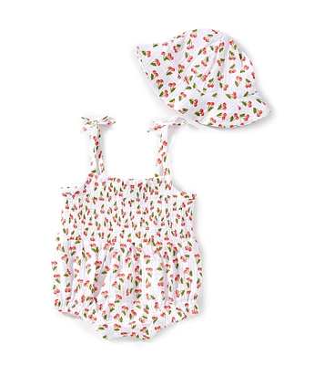 Jessica Simpson Baby Girls Newborn-9 Months Cherry Printed Gauze Smocked Tie Shoulder Bubble Ruffle & Sun Hat Set