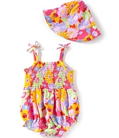 Jessica Simpson Baby Girls Newborn-9 Months Floral Printed Smocked Tie Shoulder Bubble Ruffle & Sun Hat Set