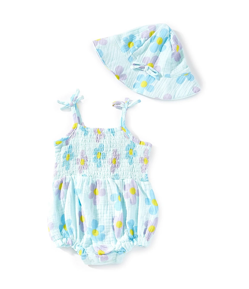 Jessica Simpson Baby Girls Newborn-9 Months Floral Printed Smocked Tie Shoulder Bubble Ruffle & Sun Hat Set