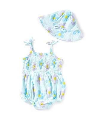Jessica Simpson Baby Girls Newborn-9 Months Floral Printed Smocked Tie Shoulder Bubble Ruffle & Sun Hat Set