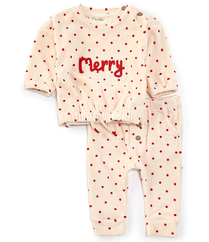 Jessica Simpson Baby Girls Newborn-9 Months Long Sleeve Merry Dotted Velour Knit Sweatshirt & Matching Jogger Pant Christmas Set