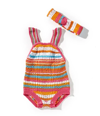 Jessica Simpson Baby Girls Newborn-9 Months Sleeveless Striped Crocheted-Pattern Bodysuit