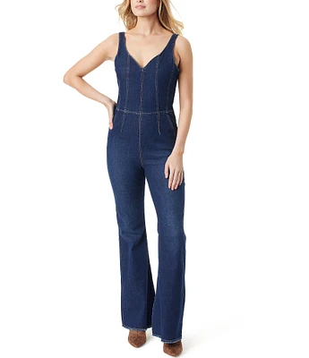 Jessica Simpson Colleen Smocked Back Denim Flare Leg Jumpsuit