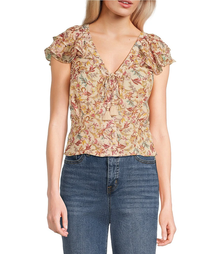 Jessica Simpson Dixie Large Floral Print Short Sleeve Cropped Blouse