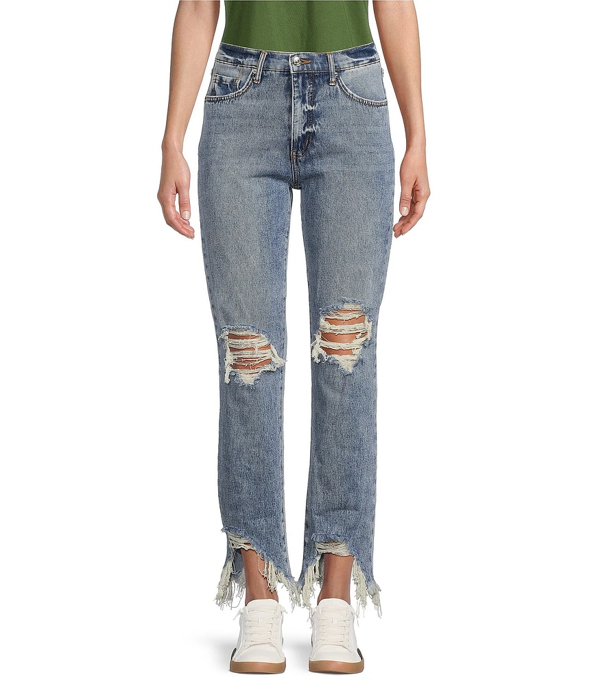 Jessica Simpson Harmony High Rise Destructed Frayed Hem Straight Leg Jeans