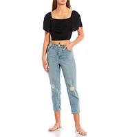 Jessica Simpson High Rise Throwback Distressed Knee Cropped Straight Jeans