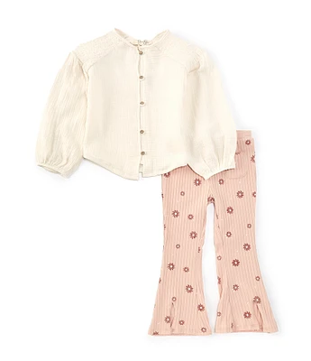 Jessica Simpson Little Girls 2T-6X Long Sleeve Double-Face Gauze Top & Printed Knit Flare Leg Pants Set