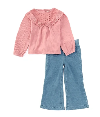 Jessica Simpson Little Girls 2T-6X Long Sleeve Lace-Detailed Top & Jeans Set