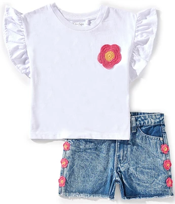 Jessica Simpson Little Girls 4-6X Crew Neck Crochet Flower Ruffle Top & Crochet Inset Denim Shorts Set