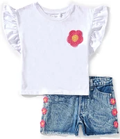 Jessica Simpson Little Girls 4-6X Crew Neck Crochet Flower Ruffle Top & Crochet Inset Denim Shorts Set