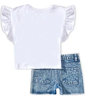 Jessica Simpson Little Girls 4-6X Crew Neck Crochet Flower Ruffle Top & Crochet Inset Denim Shorts Set