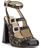 Jessica Simpson Lymen Tweed Strappy Embellished Buckle Pumps