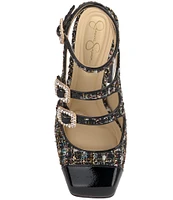 Jessica Simpson Lymen Tweed Strappy Embellished Buckle Pumps