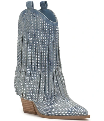 Jessica Simpson Paredisa Denim Rhinestone Fringe Western Booties