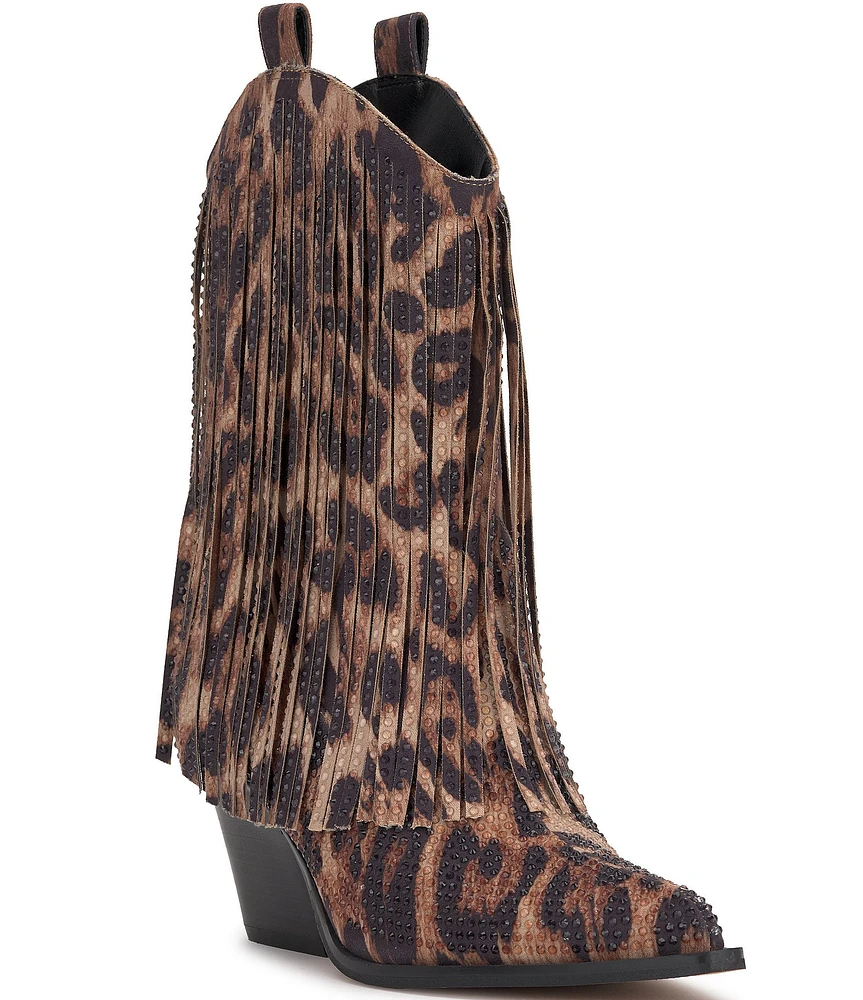 Jessica Simpson Paredisa Leopard Print Rhinestone Fringe Western Booties