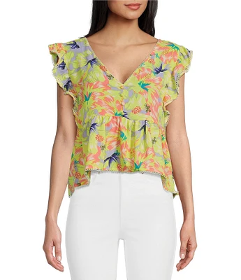 Jessica Simpson Peyton Tropical Floral Printed Flutter Sleeve Peplum Blouse