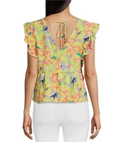 Jessica Simpson Peyton Tropical Floral Printed Flutter Sleeve Peplum Blouse