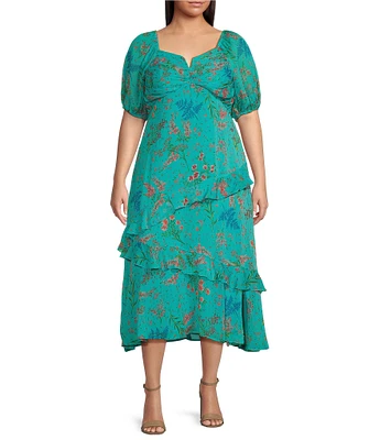 Jessica Simpson Plus Aberash Elbow Sleeve Floral Printed Long Dress