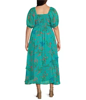 Jessica Simpson Plus Aberash Elbow Sleeve Floral Printed Long Dress