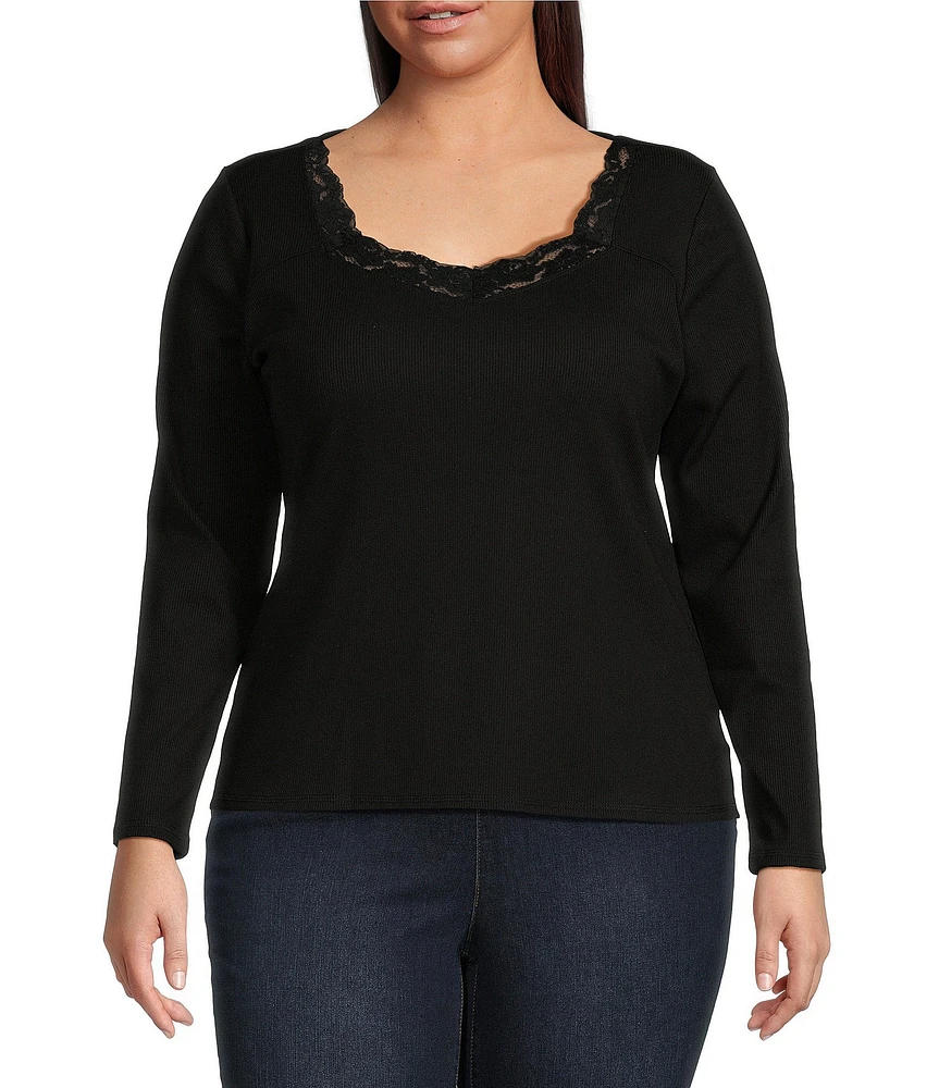 Jessica Simpson Plus Laurel Long Sleeve Scalloped Lace V-Neck Top